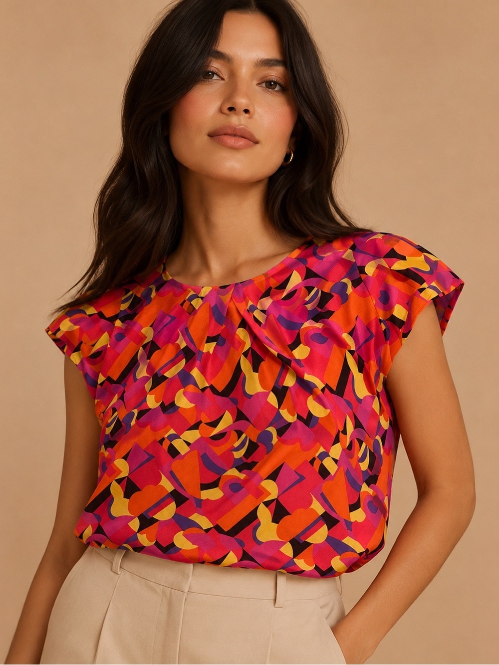 Evan-Picone Abstract Geometric Print Blouse Colorful Statement Top XXL
